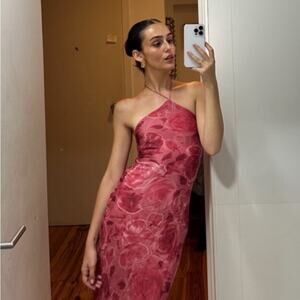 Realisation Par Electra Silk Halter Bias Slip Midi Dress Pink Rose Floral Crush